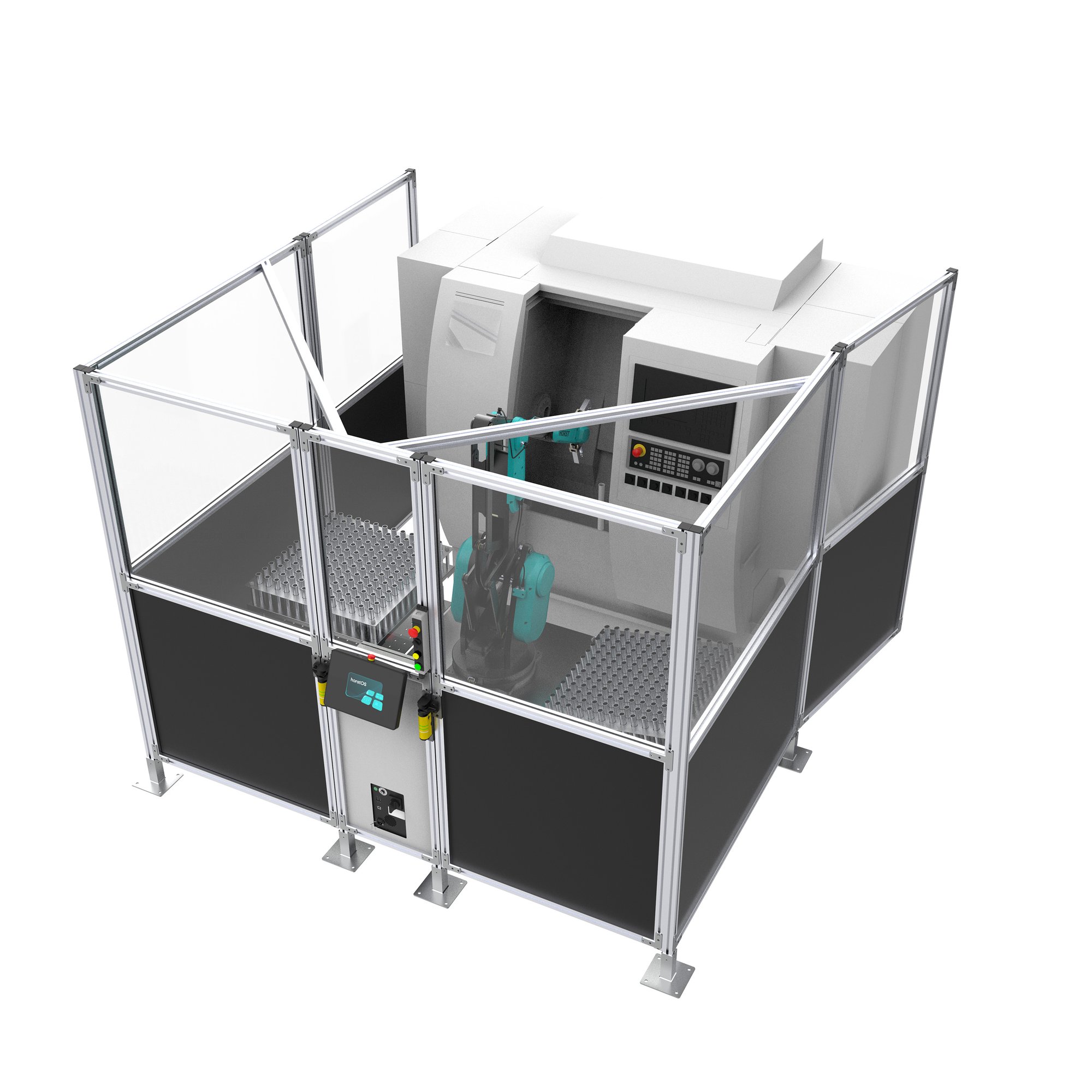 An automated production cell with protective fences, a HORST1500 robot, and a CNC machine controlled via an operator panel